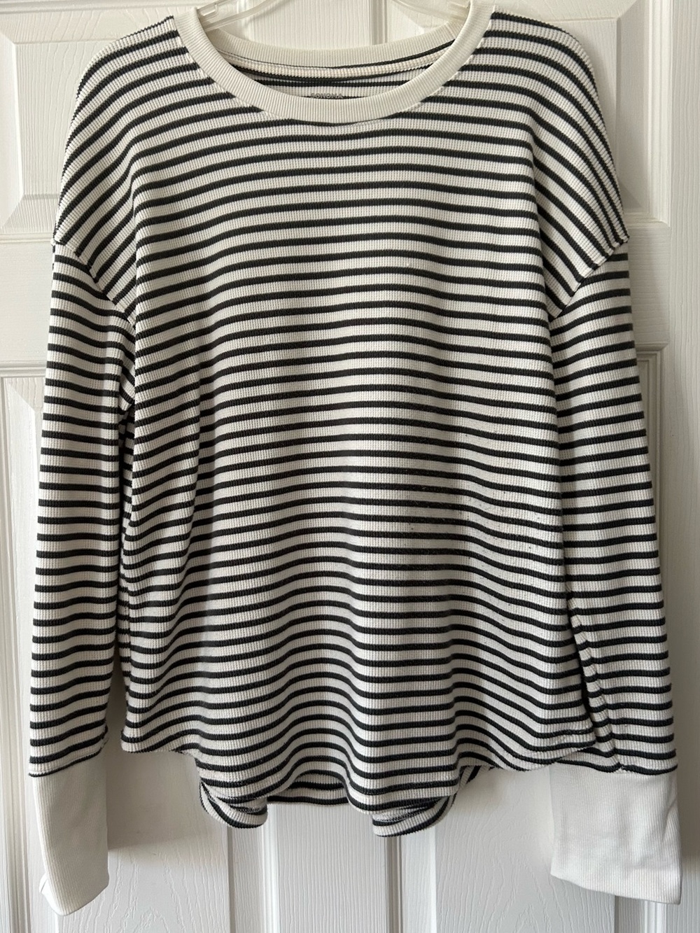 Women’s dark grey and cream colored striped Long-Sleeve Shirt